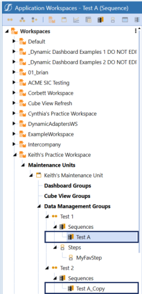 Dark blue highlighted box around the copied data management sequence name with the second highlight box with the “_Copy” to the end of the name in the same maintenance unit and workspace.